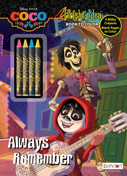 Bendon Coco black paper coloring book with neon crayons for bold glow artwork