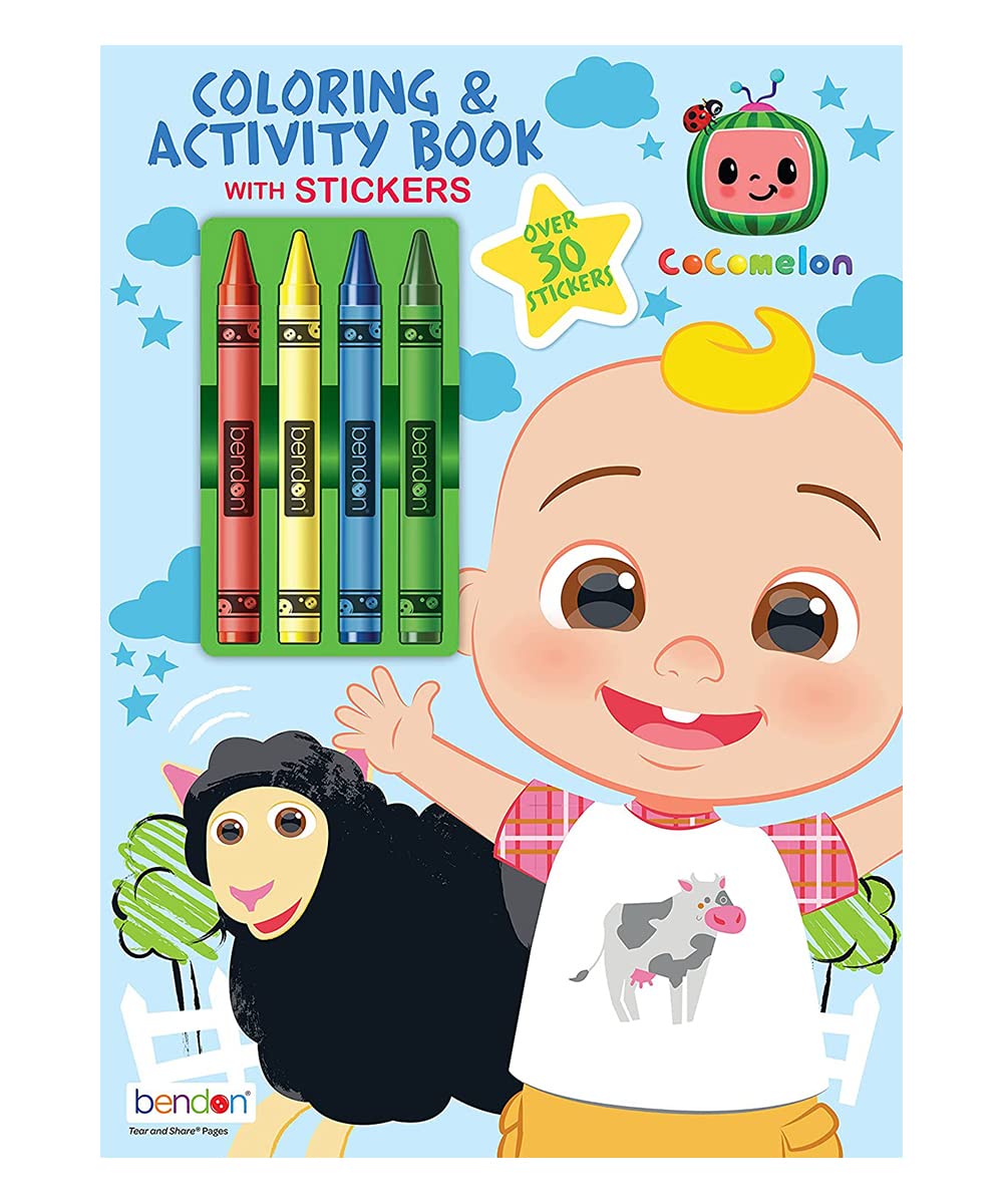 Bendon CoComelon coloring book cover with four crayons, inviting creative play for kids.