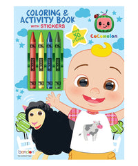 Bendon CoComelon coloring book cover with four crayons, inviting creative play for kids.