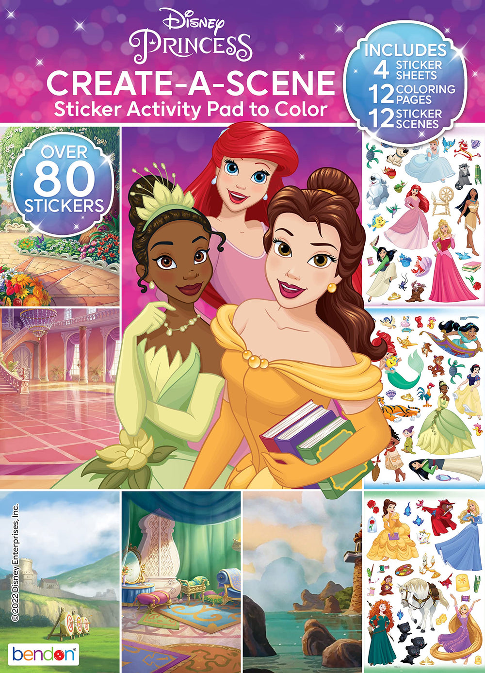 Bendon Disney Princess Create-A-Scene cover shows vibrant stickers for imaginative play.