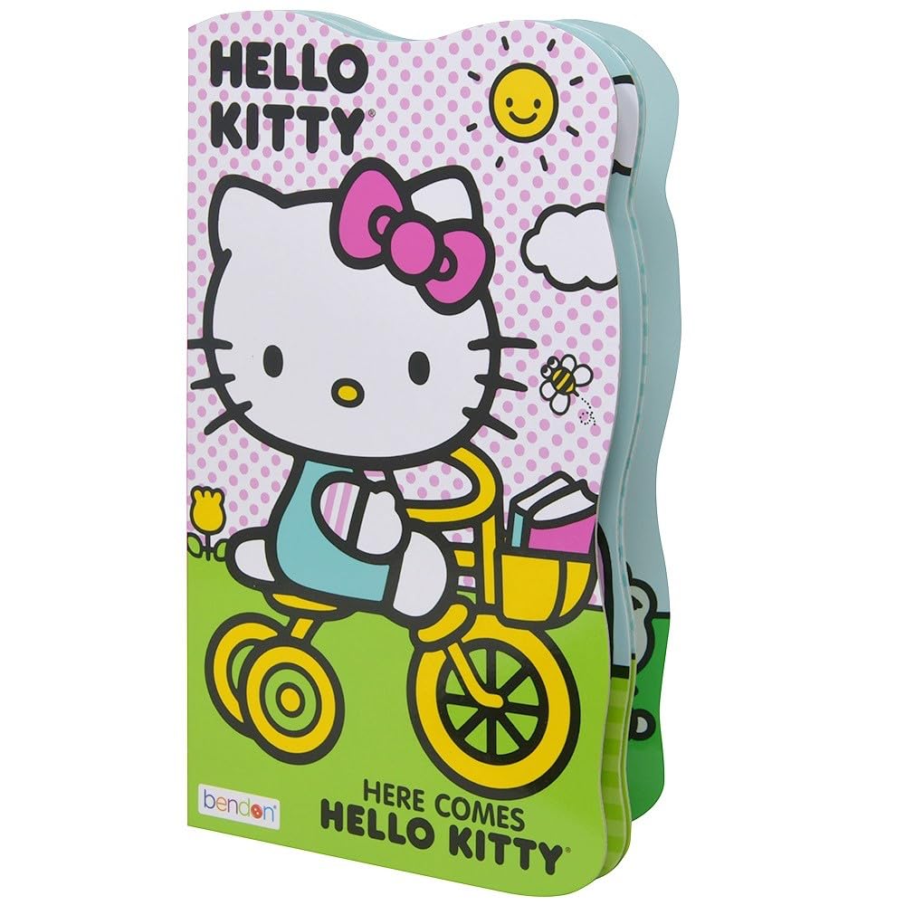Bendon Hello Kitty shaped board book front cover, Hello Kitty on a yellow bike, ideal for bedtime reading