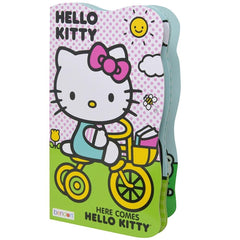 Bendon Hello Kitty shaped board book front cover, Hello Kitty on a yellow bike, ideal for bedtime reading