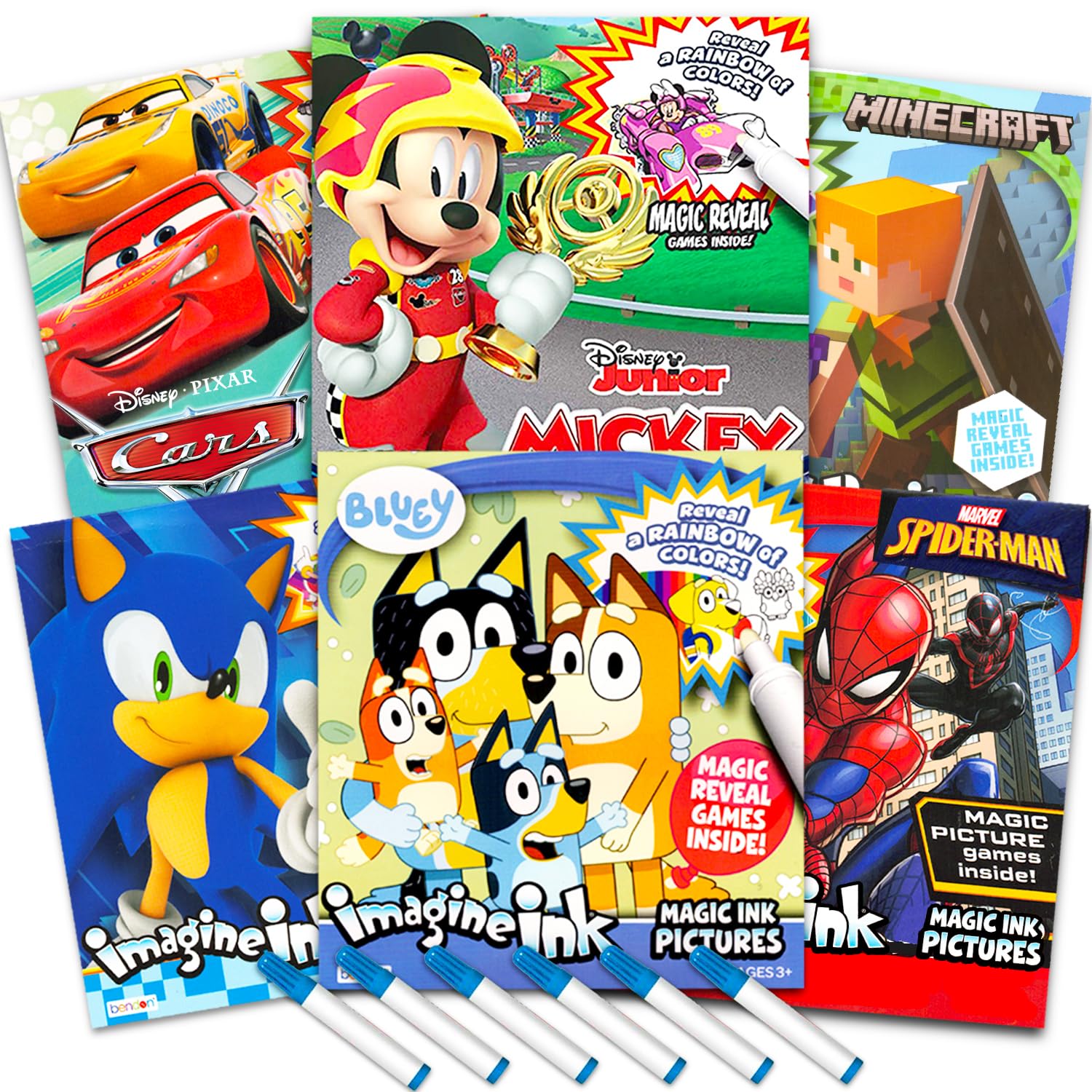 Bendon Imagine Ink boys bundle cover shows six licensed characters for mess-free coloring.