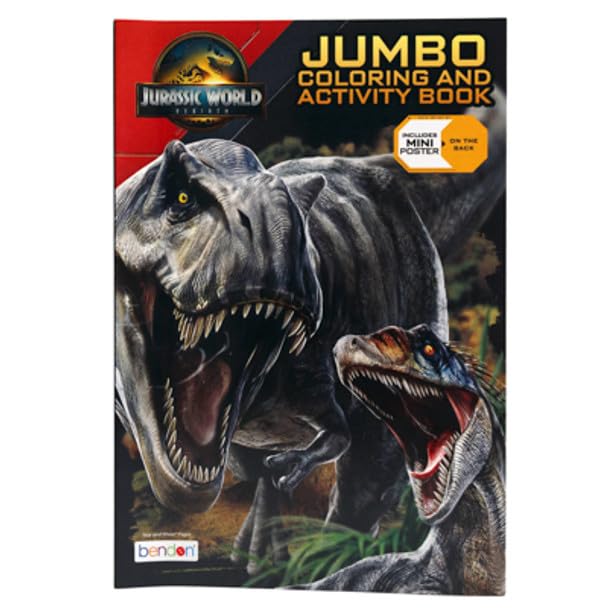 Bendon Jurassic World jumbo coloring book spread view with bold dinosaur art