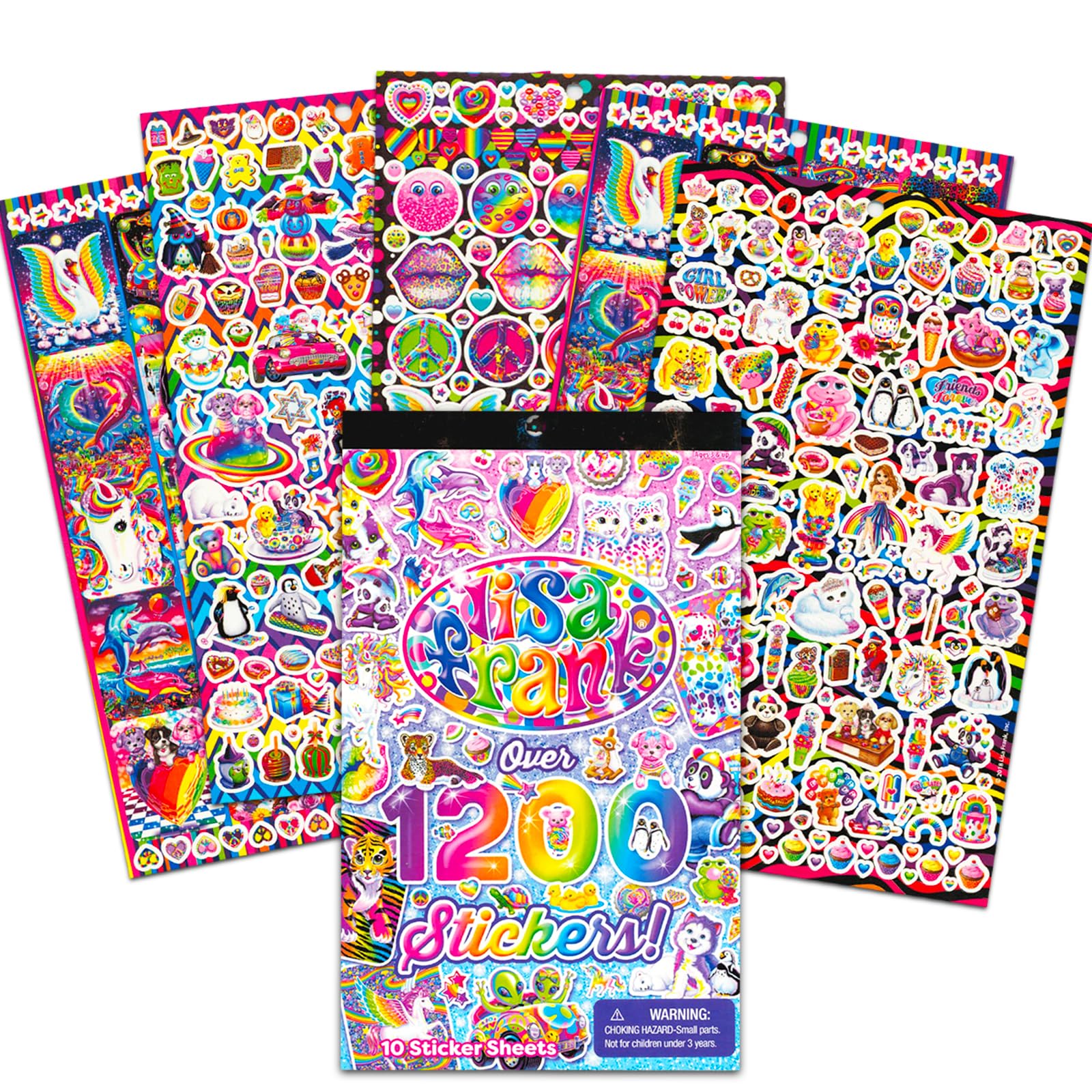 Close-up of vibrant Lisa Frank stickers for notebooks, ideal for decorating school supplies