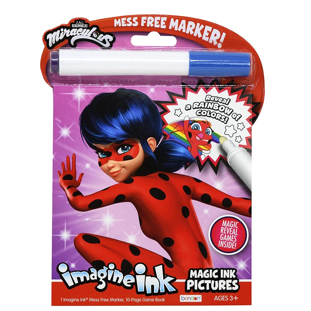 Bendon Miraculous Imagine Ink cover art featuring Ladybug and Cat Noir for mess-free coloring