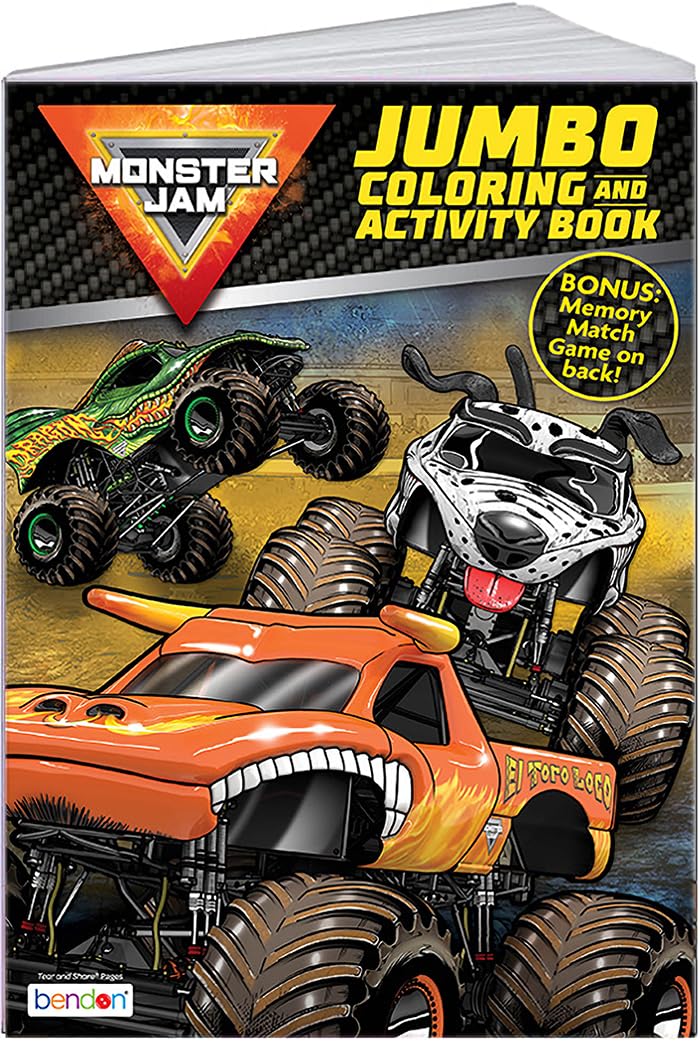 Bendon Monster Jam Activity Book cover featuring licensed Monster Jam trucks for kids' adventures and imaginative play.