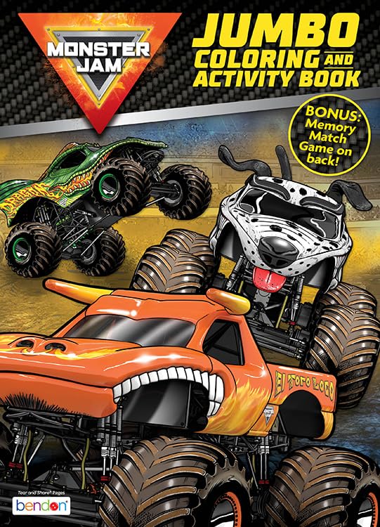 Bendon Monster Jam Activity Book opened to pages with games and coloring for hands-on activity.