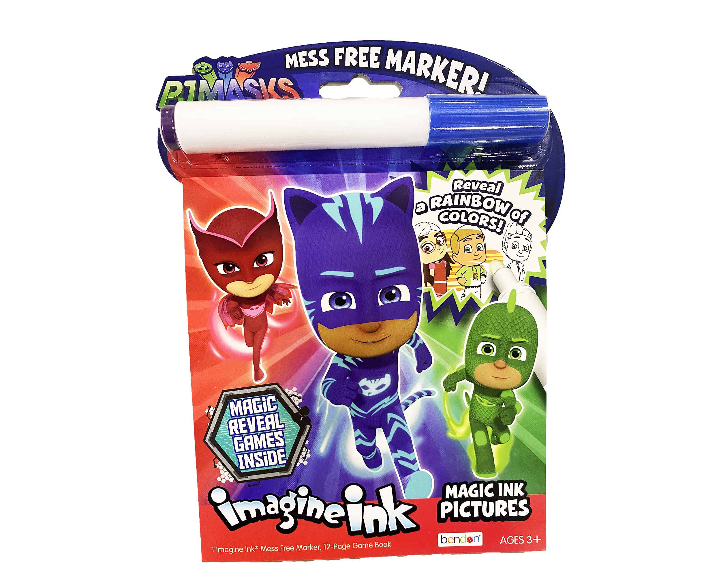 Bendon PJ Mask Imagine Ink book cover with vibrant hero city scene for creative play.