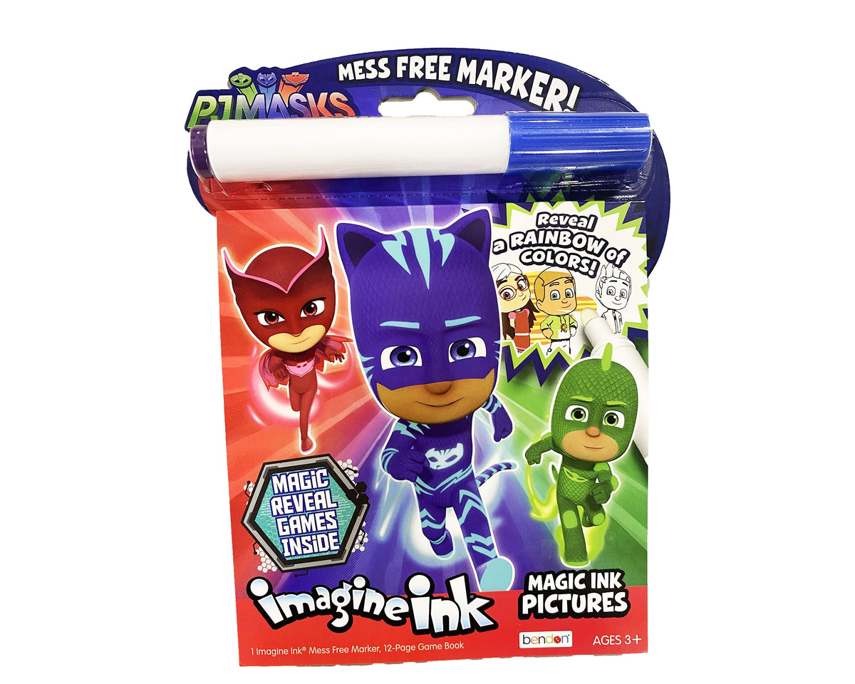Bendon PJ Mask Imagine Ink book cover with vibrant hero city scene for creative play.