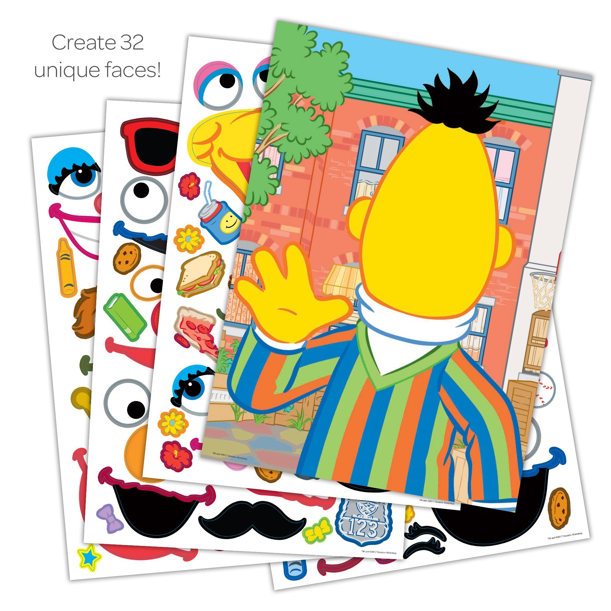 Sesame Street stickers on repositionable sheets for endless face combos and easy re sticking
