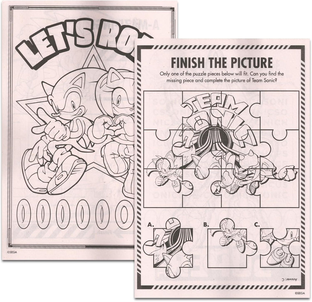 Inside pages with large coloring areas for detailed Sonic scenes.