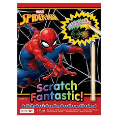 Bendon Spiderman Scratch Off Fantastic Activity Book cover showing vibrant scenes for imaginative play