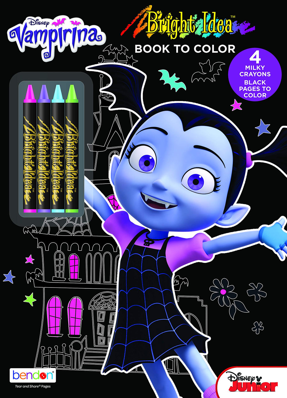 Bendon Vampirina black paper coloring book cover with neon crayons for vibrant art.