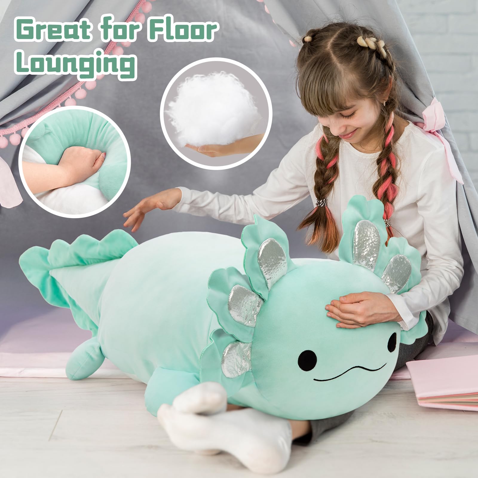 BENINY axolotl plush in a bedroom as a soft decor accent