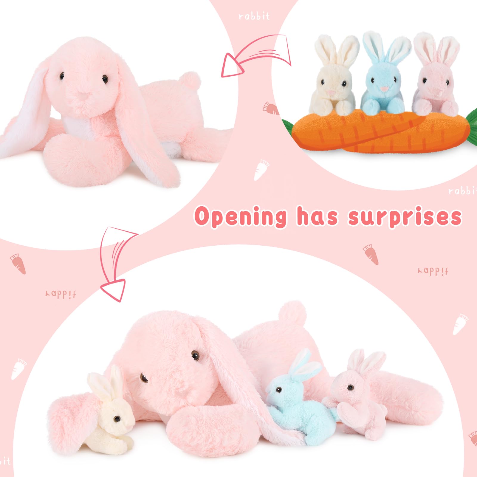 BENINY Big Pink Bunny 24in face detail highlights a friendly expression for kids.