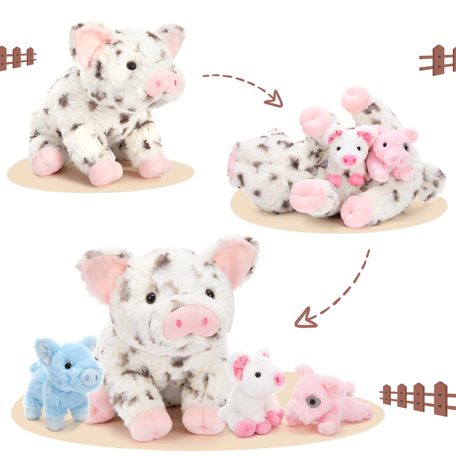 BENINY Four piglets tummy plush reveals tiny friends for storytelling.