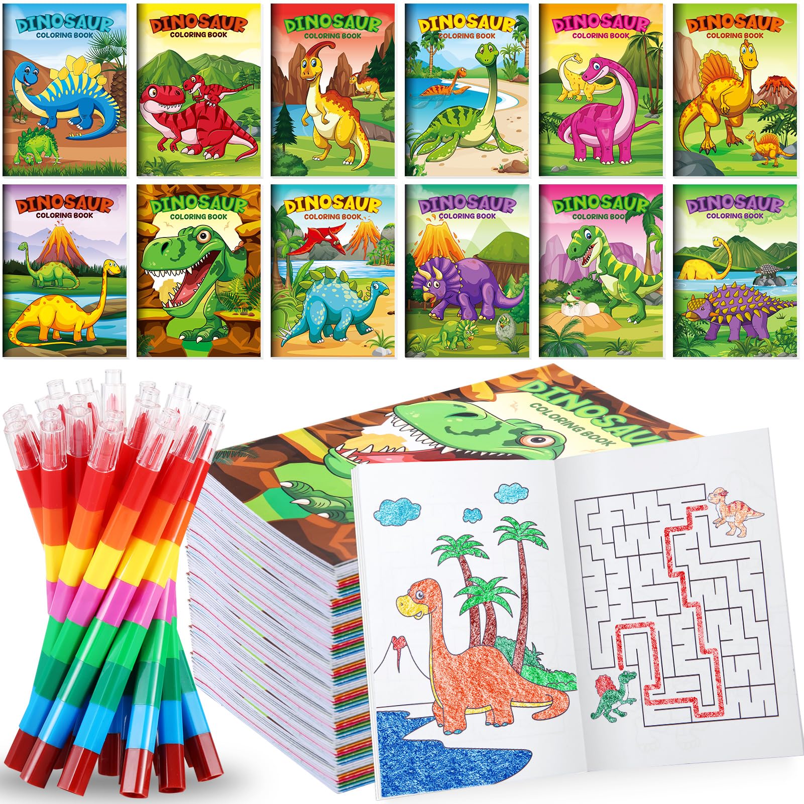 BenLouis 12 dinosaur mini coloring books with stacking crayons, ideal party favors for kids.