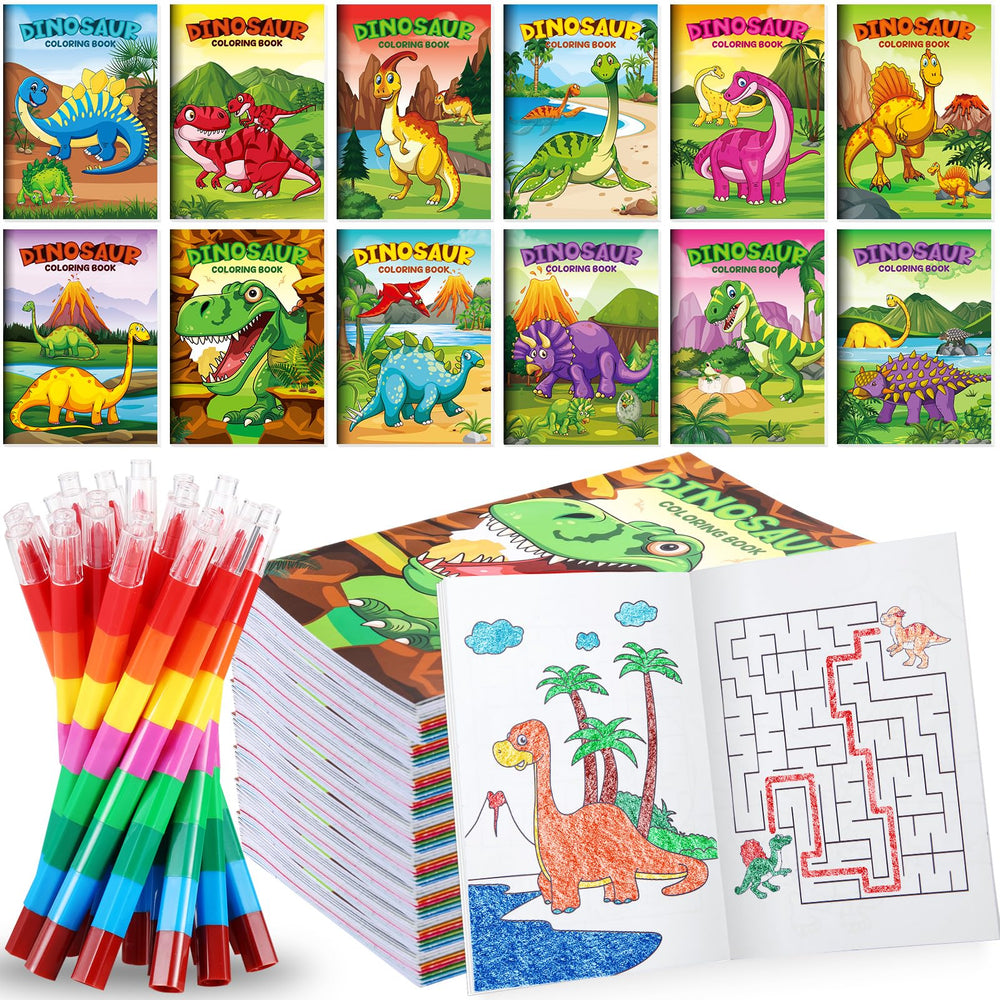 BenLouis 12 dinosaur mini coloring books with stacking crayons, ideal party favors for kids.