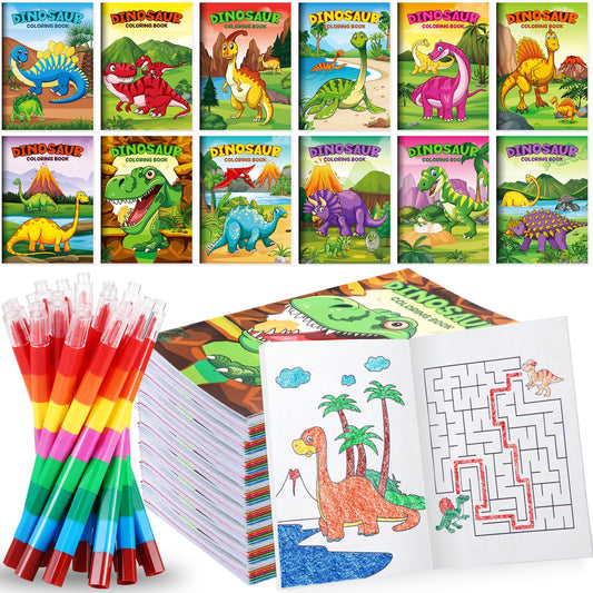 BenLouis 12 dinosaur mini coloring books with stacking crayons, ideal party favors for kids.