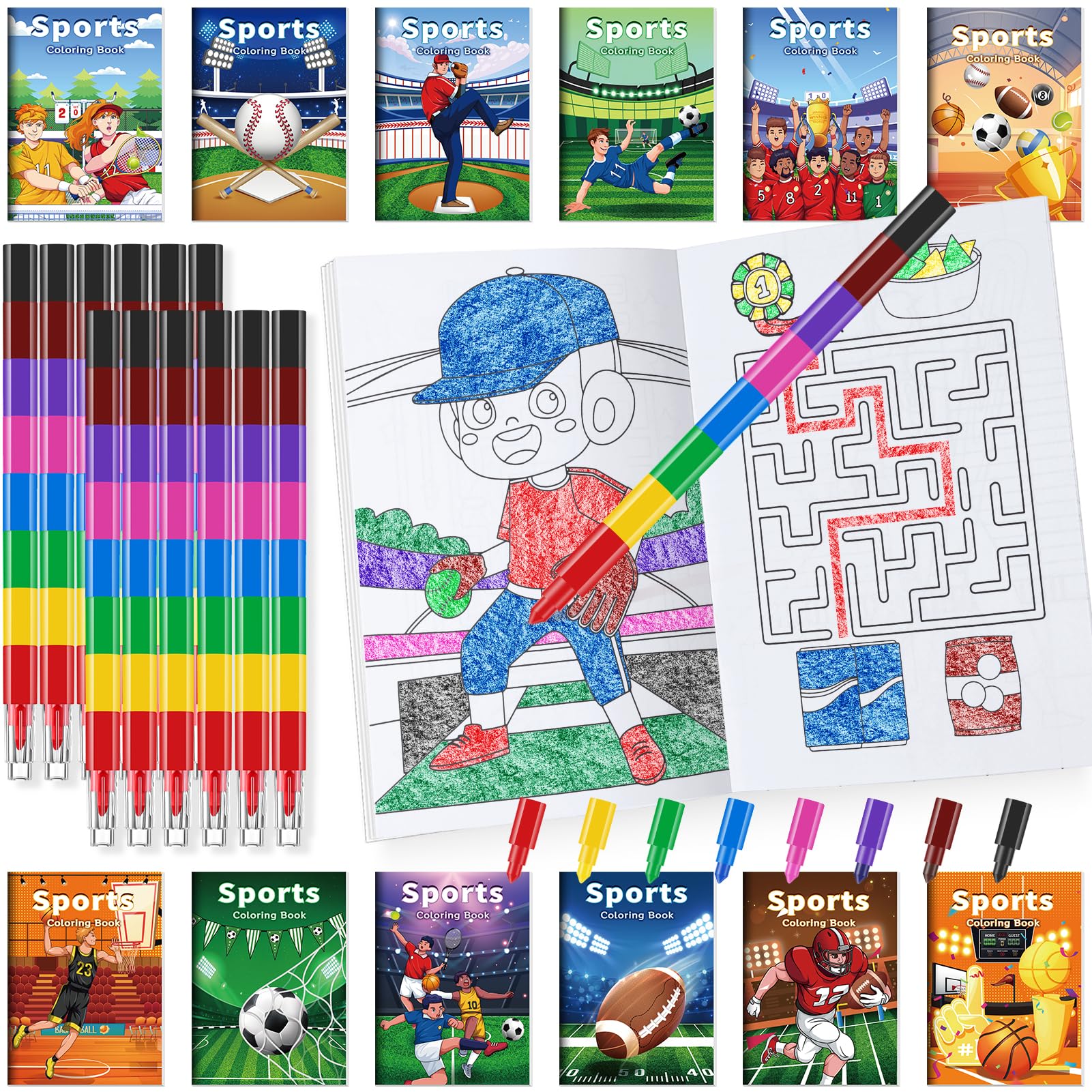 BenLouis 24 sports mini coloring books bundle for kids, ideal party favors and learning through play