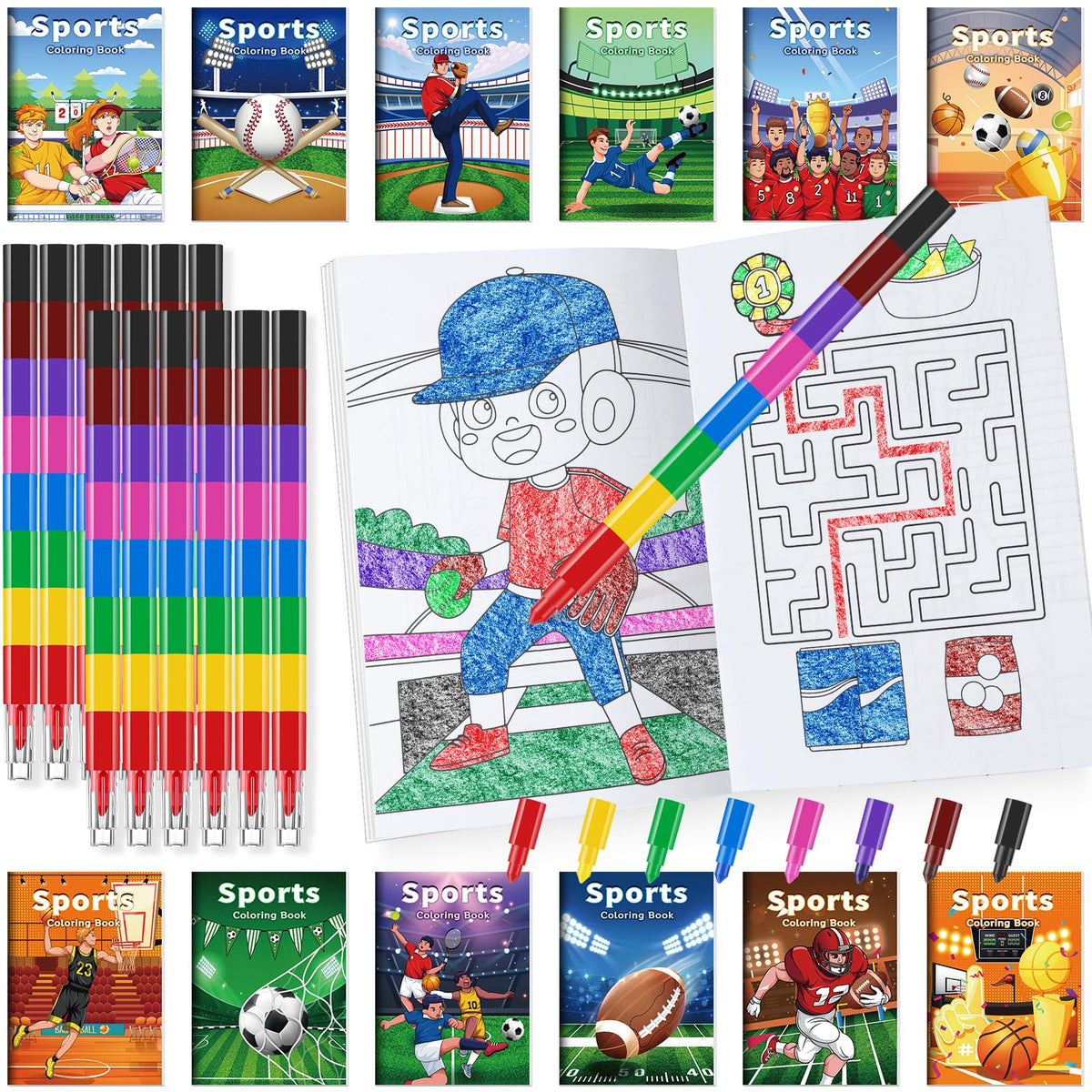 BenLouis 24 sports mini coloring books bundle for kids, ideal party favors and learning through play