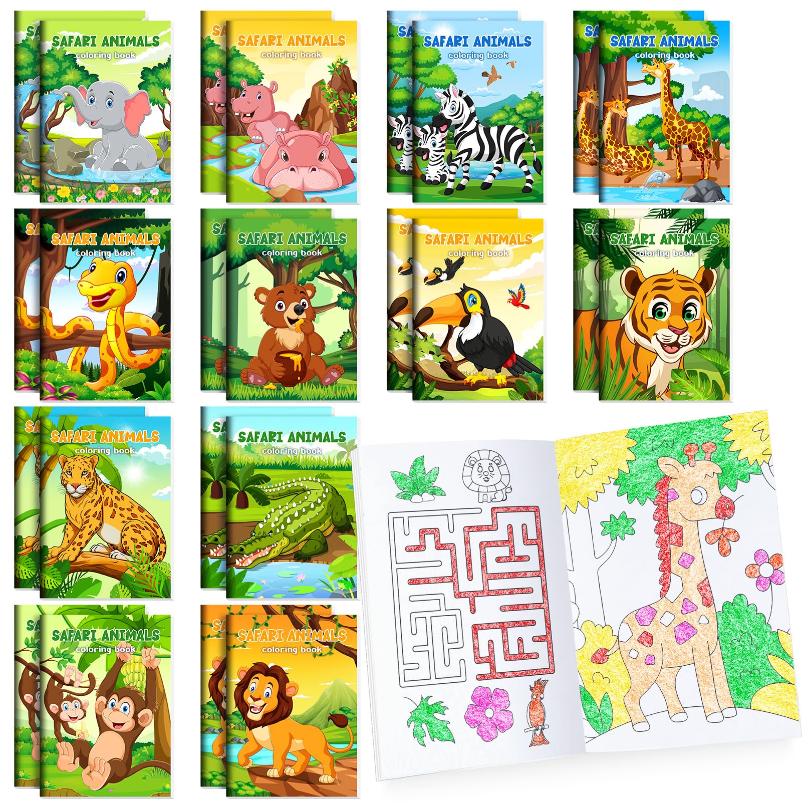 BenLouis 24pc jungle safari coloring book front cover with vibrant animal illustrations for kids' creativity.