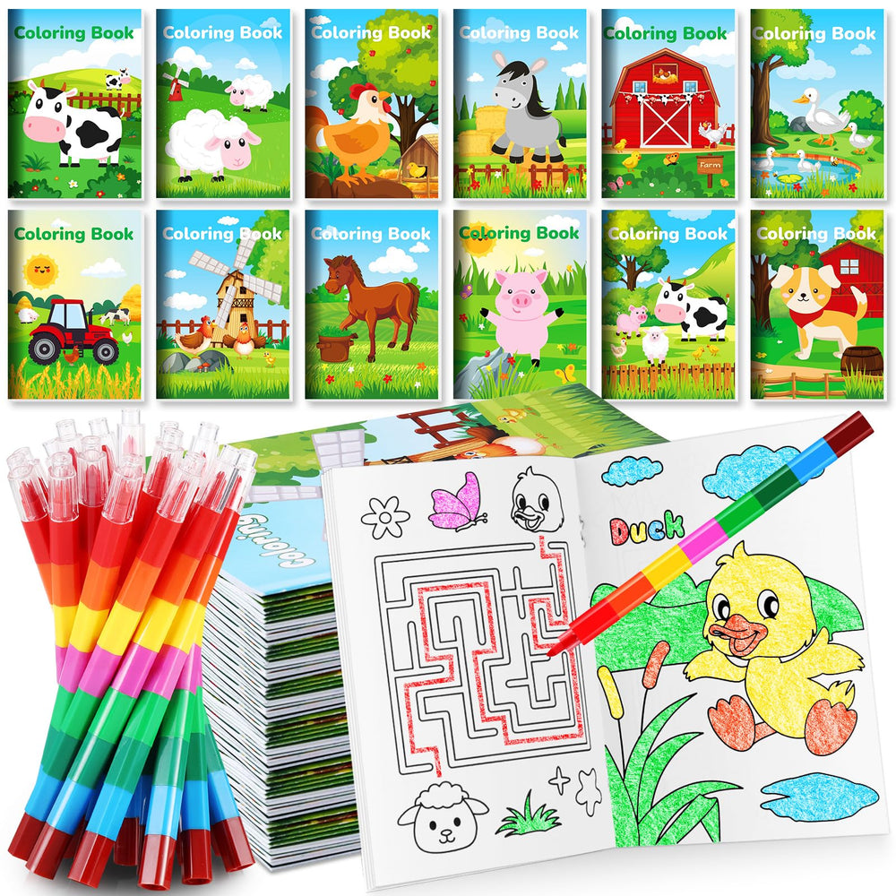 BenLouis farm animals mini coloring books with stacking crayons for kids party favors