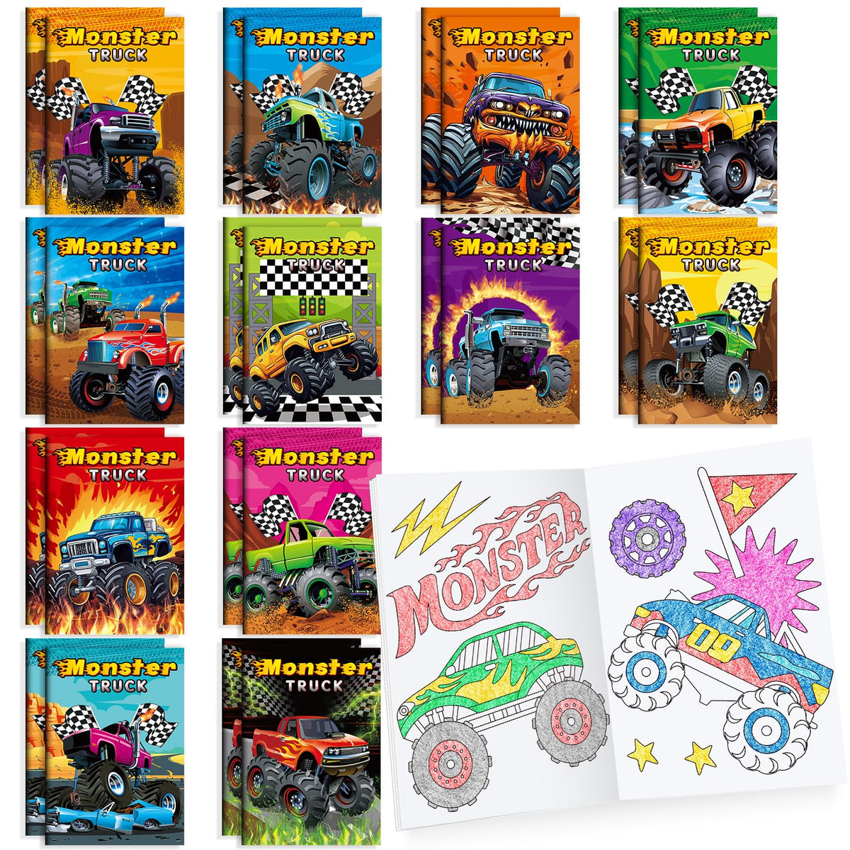 BenLouis monster-truck coloring books 24-pack cover, ideal party favors to entertain kids