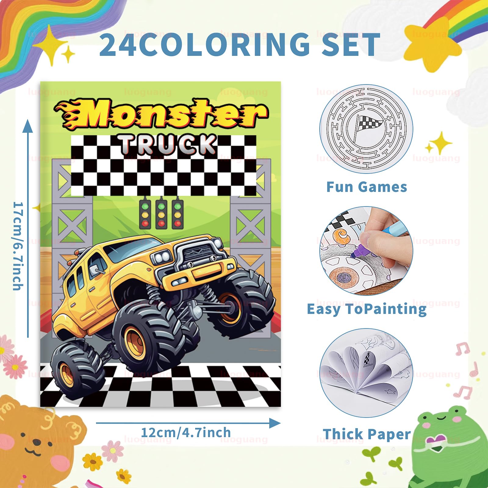BenLouis monster-truck coloring books page spread, great travel activity for kids