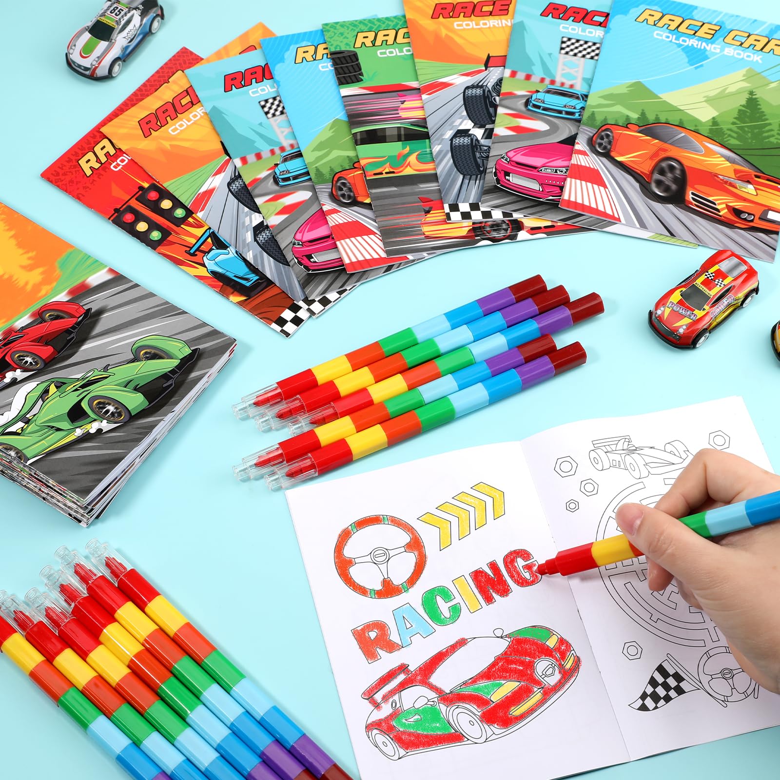 Open pages of BenLouis race car coloring book showing double-sided printing