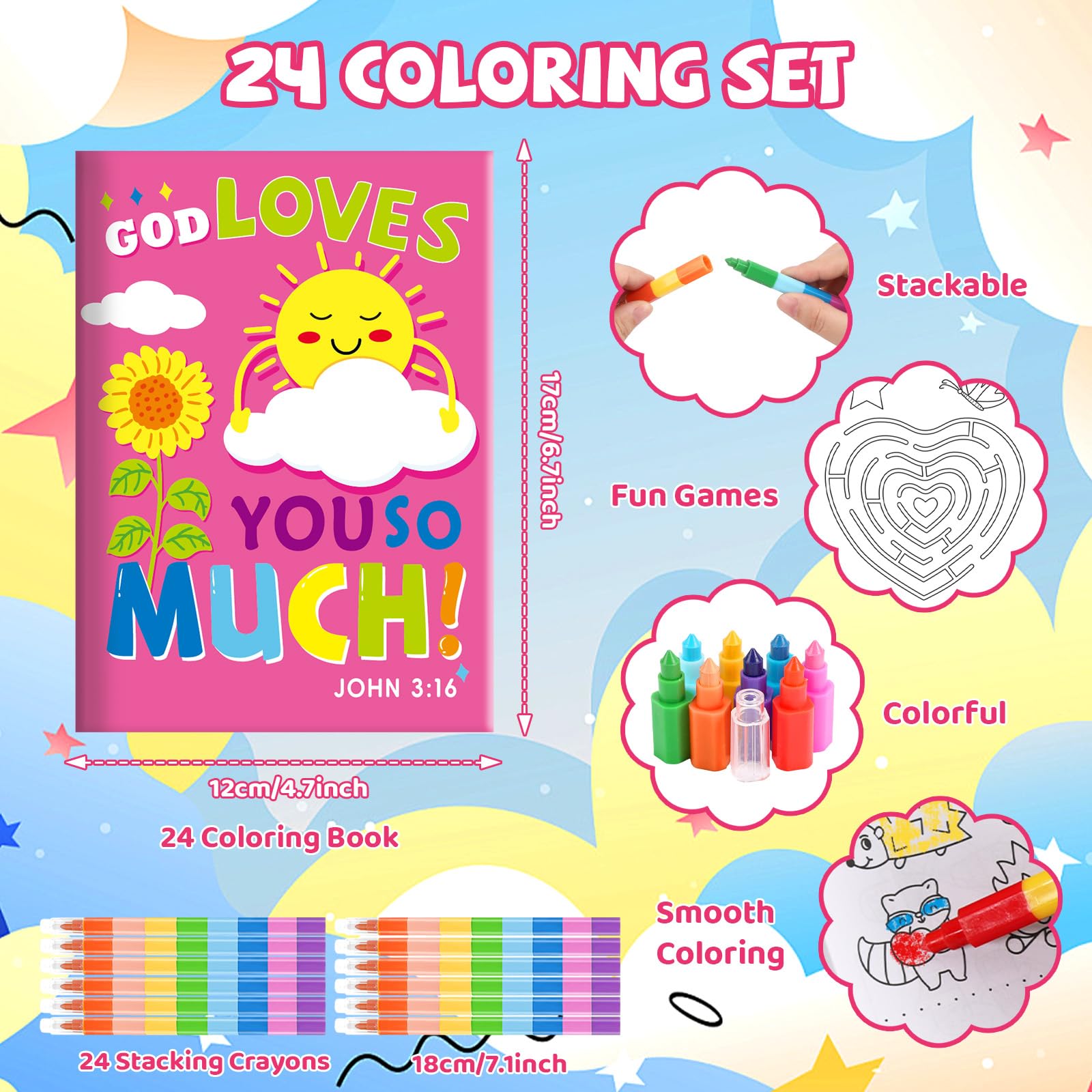 BenLouis stacking crayons paired with Bible coloring books to boost color recognition.
