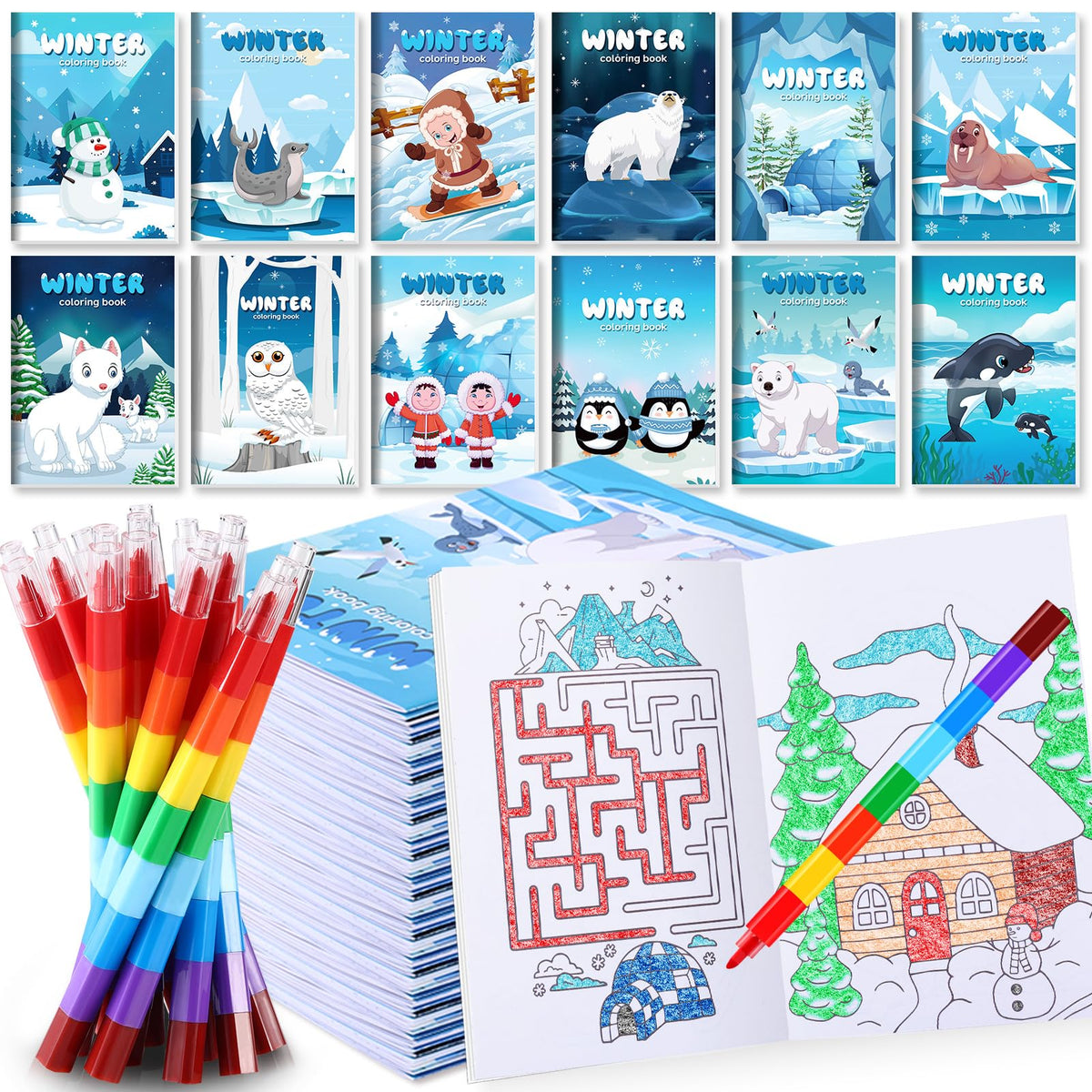 BenLouis winter coloring book penguin with crayons, engaging kids in creative activity