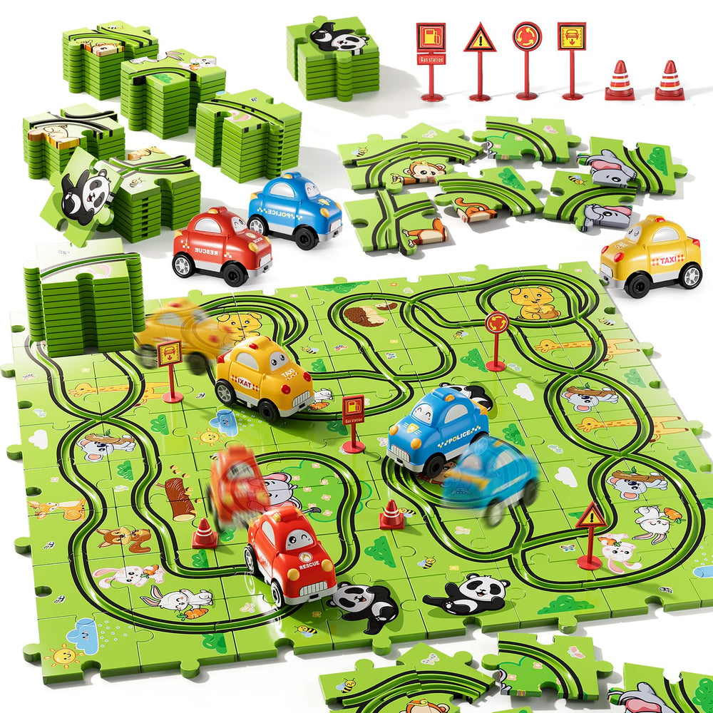 Bennol 73-piece puzzle race track assembly for kids enhances problem-solving during play.