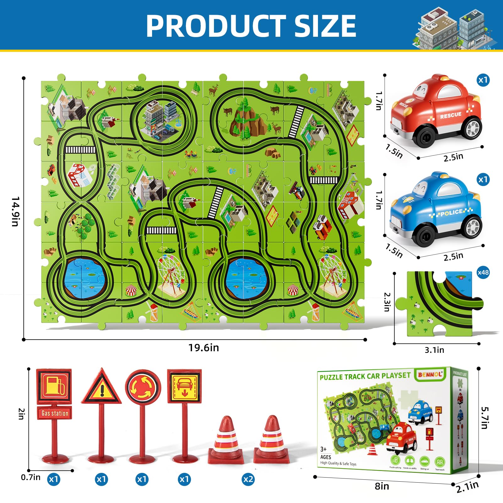 Bennol city-theme puzzle pieces with animal patterns inspire imaginative racing