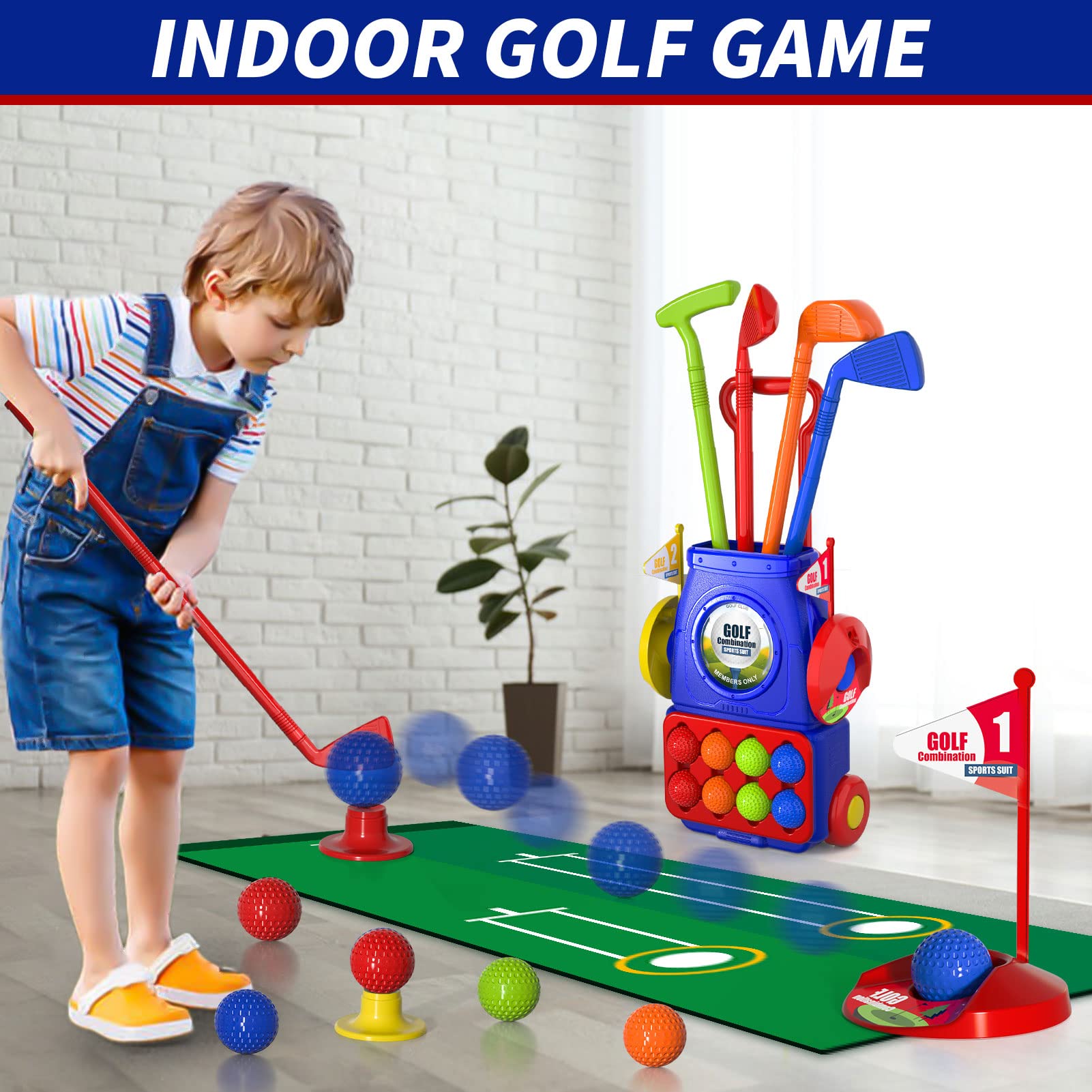 Bennol Upgraded Kids Golf Set putting-mat: guided indoor shots with a track.