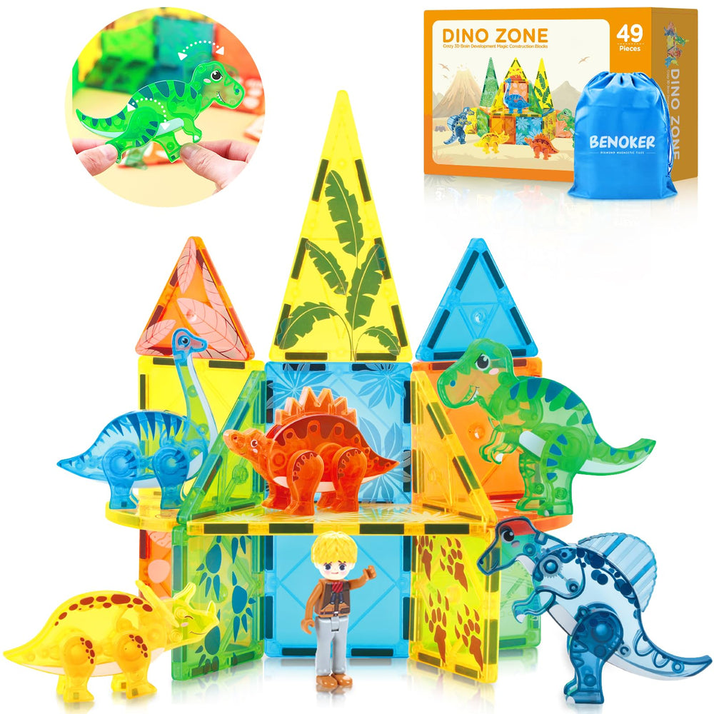 BENOKER Dinosaur Magnetic Tiles form a colorful Dino World scene for creative building