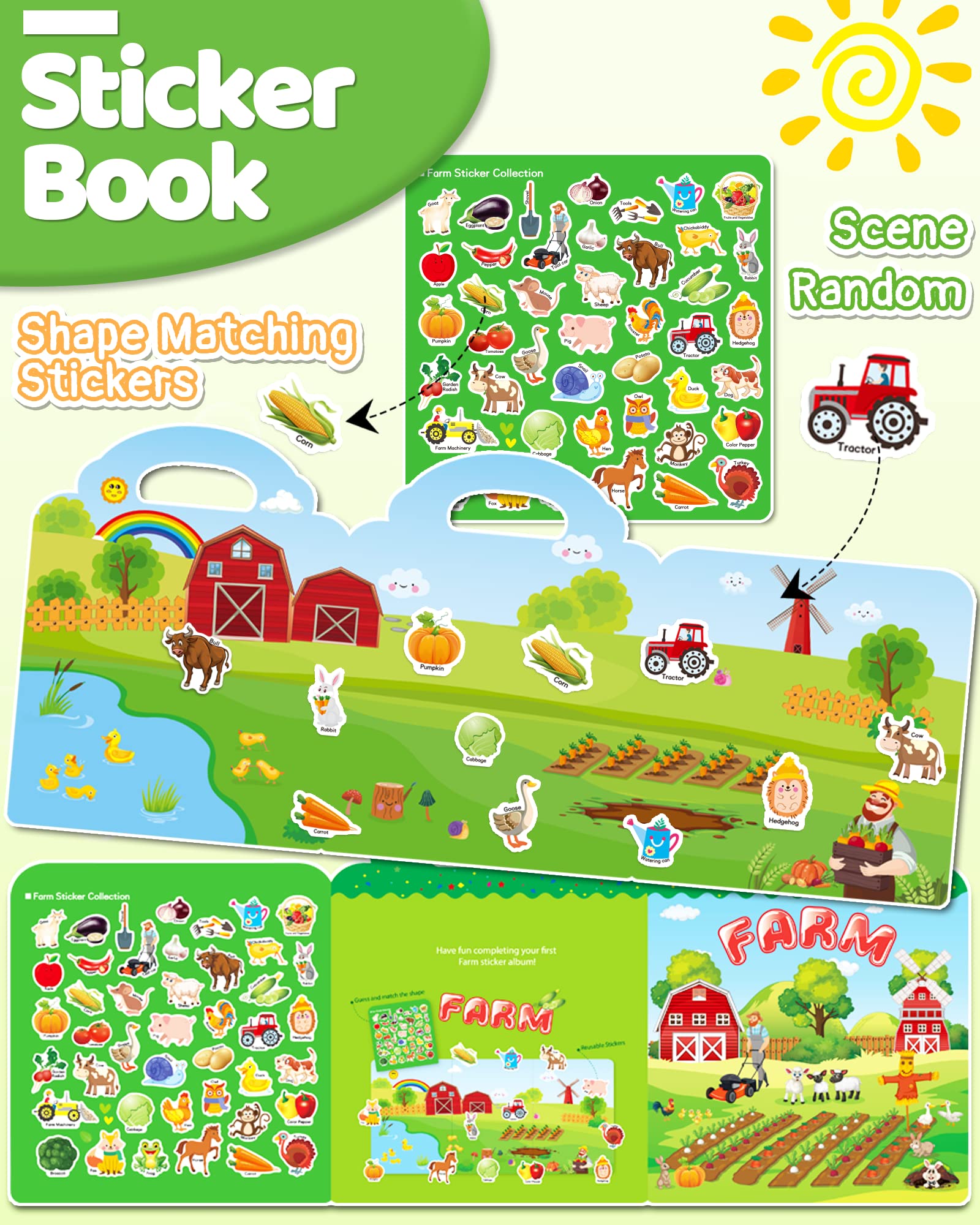 Benresive farm sticker book interior pages with playful farm scenes.