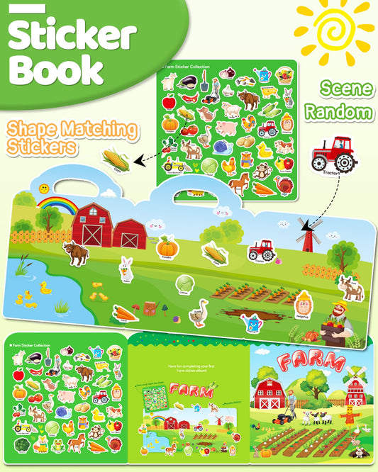 Benresive farm sticker book interior pages with playful farm scenes.