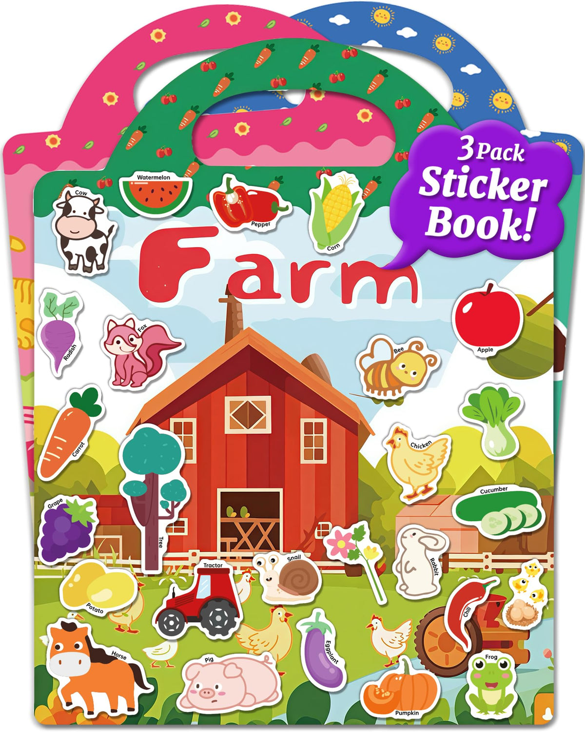 Benresive farm sticker book with farm themes supports word learning through play.