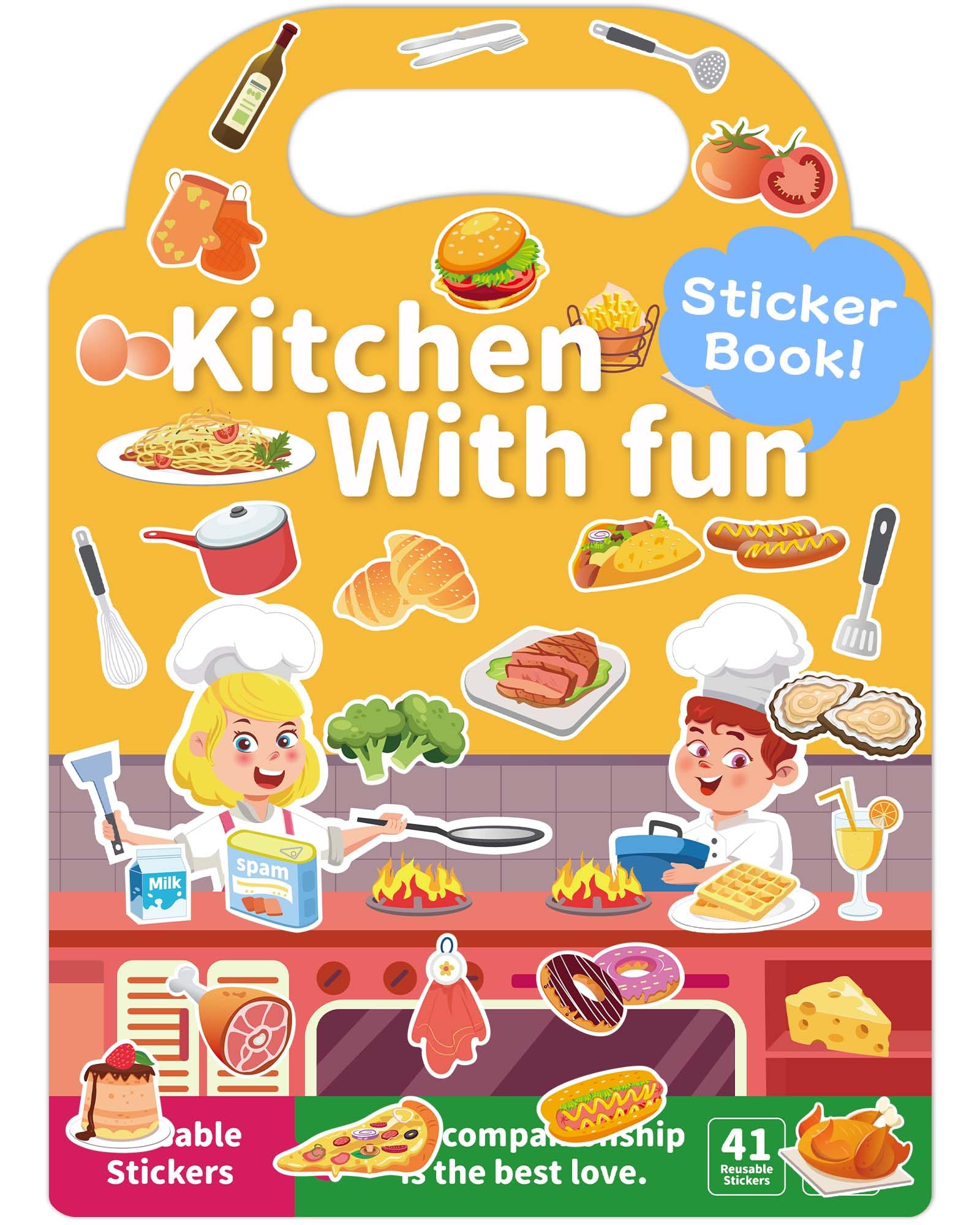Benresive reusable sticker book cover with kitchen theme encourages creative play.