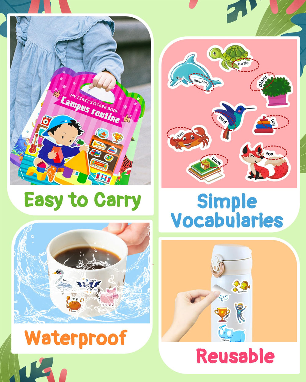 Benresive sticker book includes storage for extra reusable stickers.
