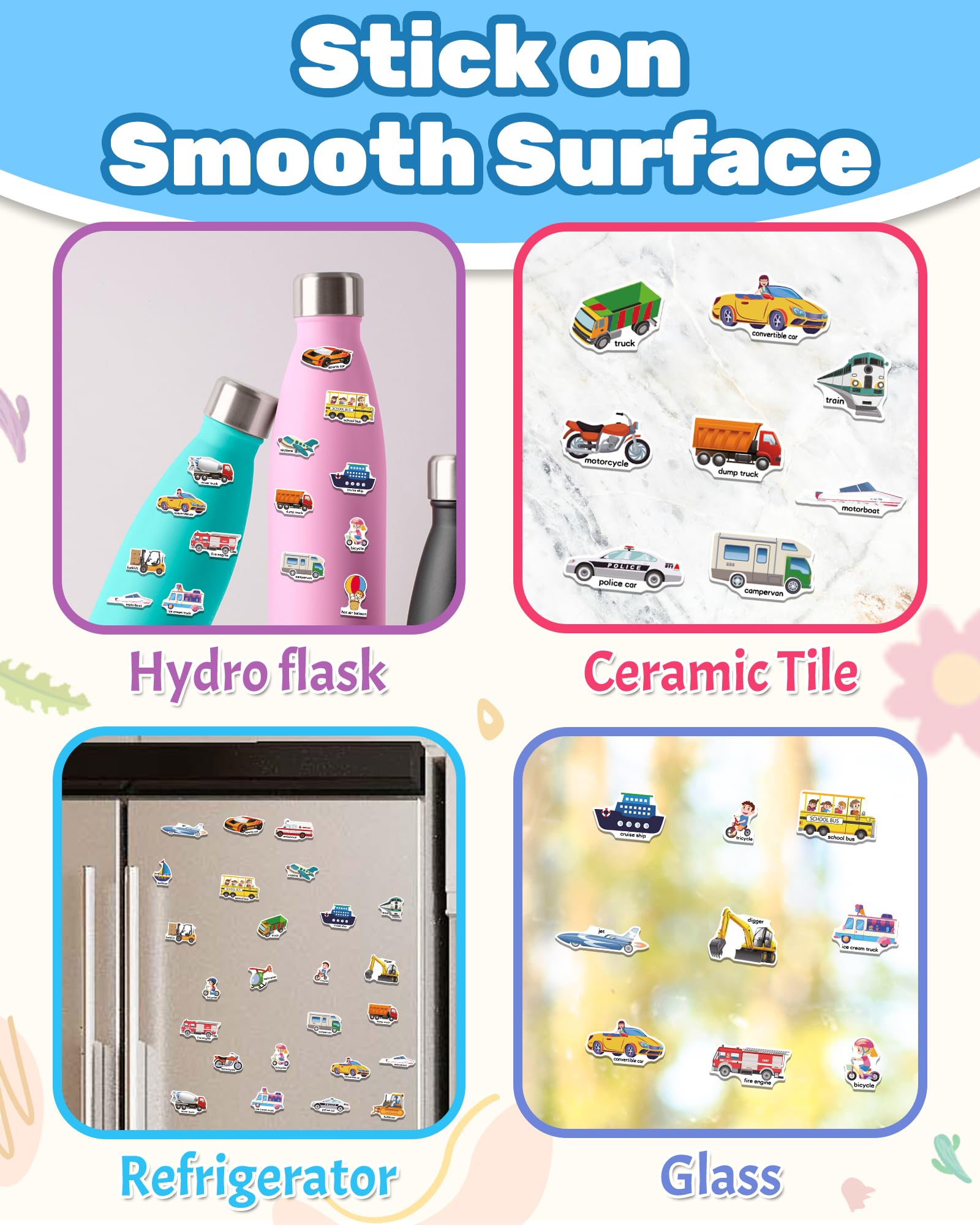 Open pages of Benresive book showing vehicle stickers for creative play.