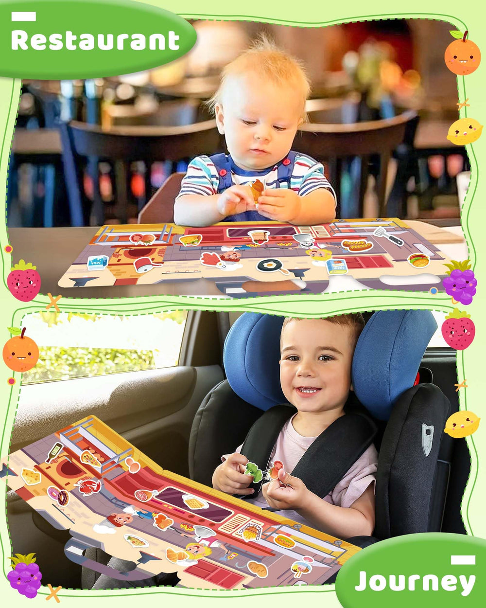 Benresive stickers displayed on a smooth window surface for screen-free play.