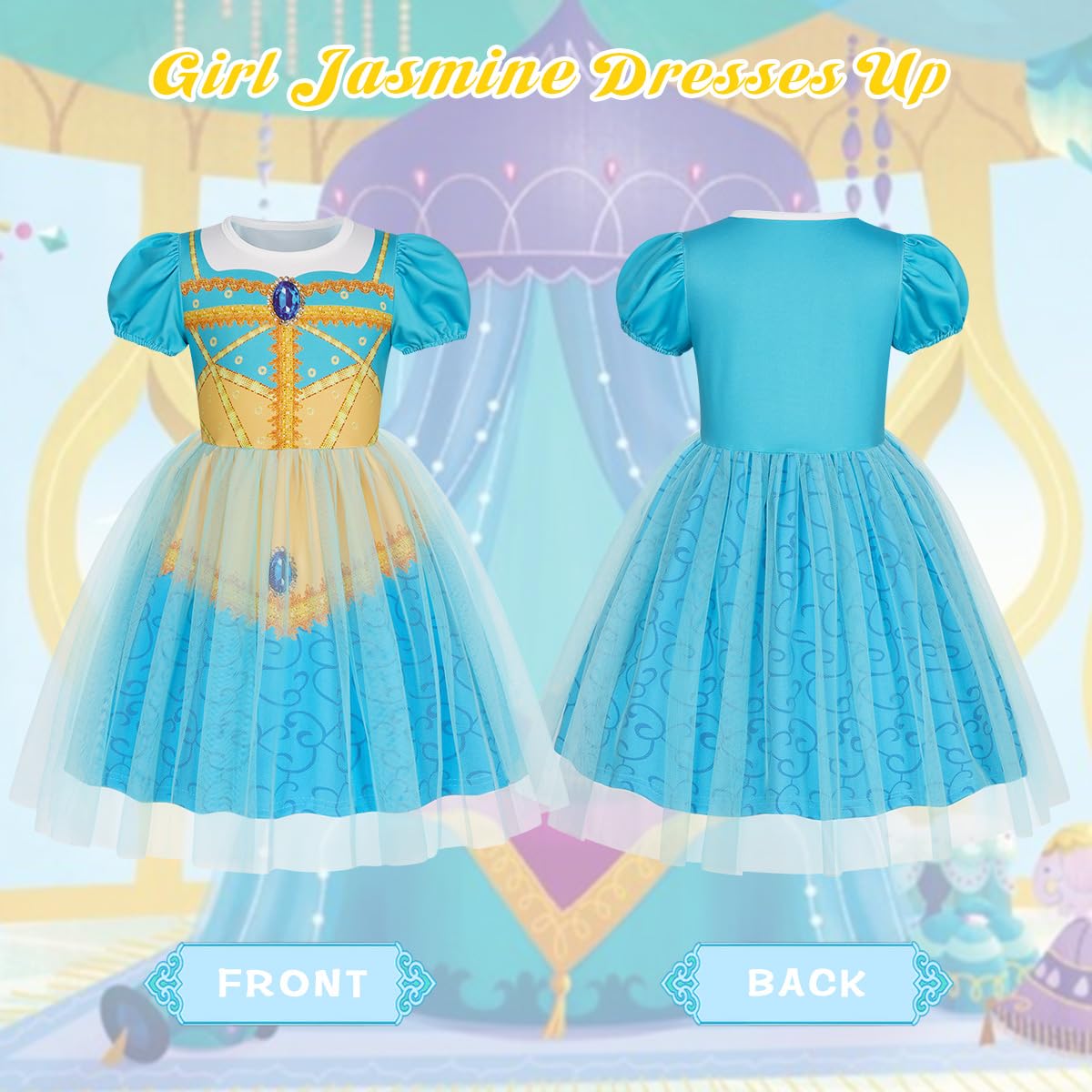Benylion turquoise dress skirt detail features mesh and apple print for playful style.