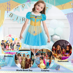 A child wearing the Benylion princess dress at a birthday party.