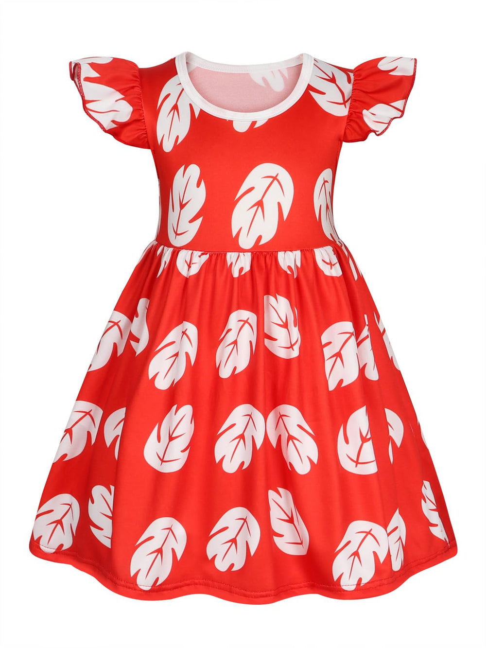 Benylion Hawaiian dress for girls with red leaf print, front view for playful island vibe.