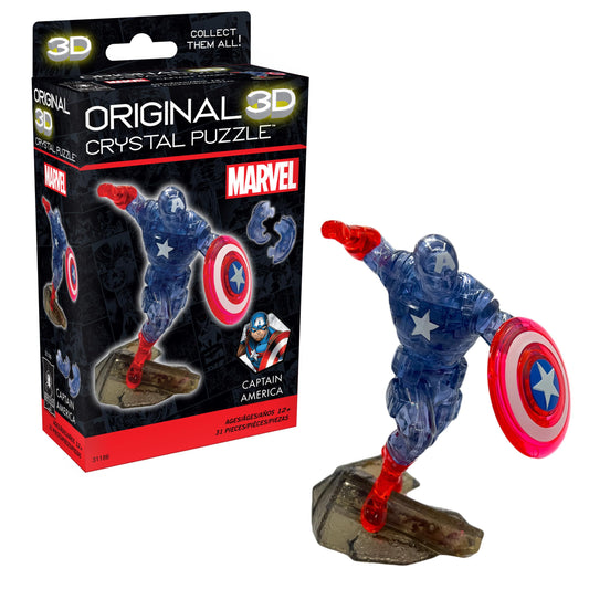 BePuzzled Captain America 3D crystal puzzle completed display piece for shelf.