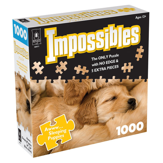 BePuzzled Impossibles puzzle: Awww Sleeping Puppies—adorable scene for a 1000-piece borderless challenge.