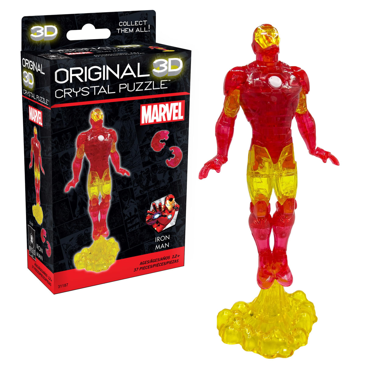 BePuzzled Marvel Iron Man 3D crystal puzzle cover shows sleek translucent silhouette, ideal for display.